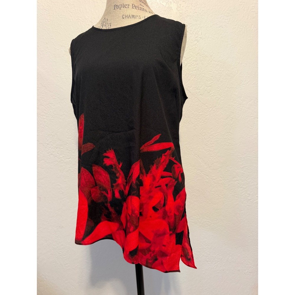 Calvin Klein Womens Sleeveless Floral Blouse Black Red Asymmetrical Hem Top